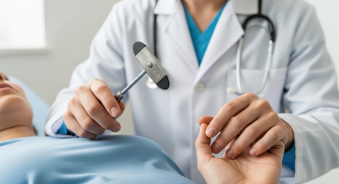 Neurologist conducts reflex examination on patient with reflex hammer in medical setting