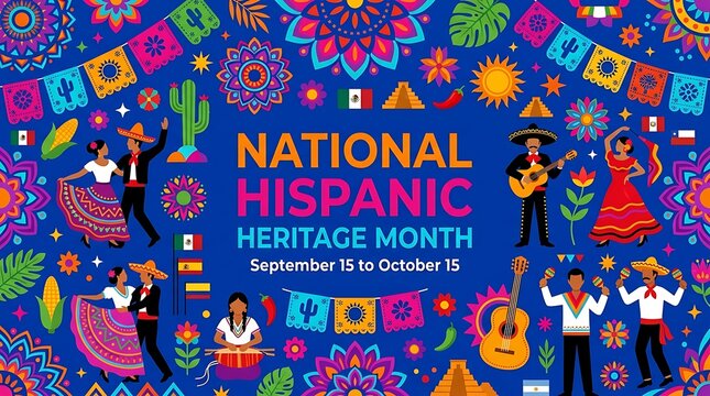 Colorful National Hispanic Heritage Month Banner from September 15 to October 15 with Folk Dancers
