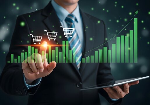 Businessman in dark suit pointing at glowing e-commerce growth chart with shopping cart icons