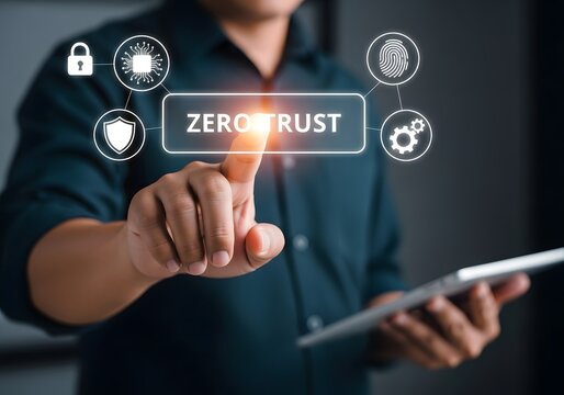 Businessman interacting with zero trust security framework digital interface holding a tablet device