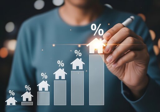 Person drawing progressive real estate housing market growth chart with house icons and percentages