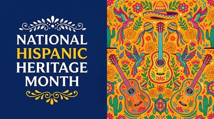 Fototapeta premium National Hispanic Heritage Month Banner with Traditional Mexican Folk Art Pattern and Music Elements