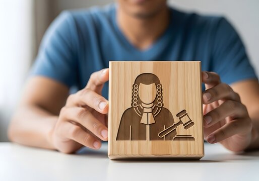 Person holding wooden block with engraved judge gavel icon representing legal law and justice