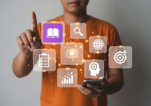 Person interacting with digital education and e learning icons interface using smartphone