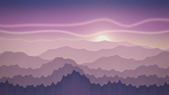Paper Cut Mountain Landscape Sunset Loop Background. Minimalist Layered Paper Landscape with Rising Sun and Dusk Sky