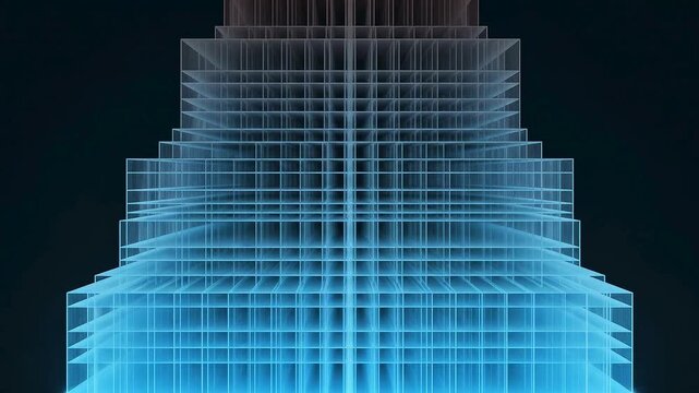 Abstract digital technology background featuring a glowing blue grid tower and geometric data structure for futuristic concept and network visualization.