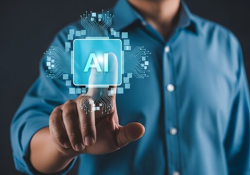 Person pointing finger at artificial intelligence processor chip hologram with glowing circuit lines