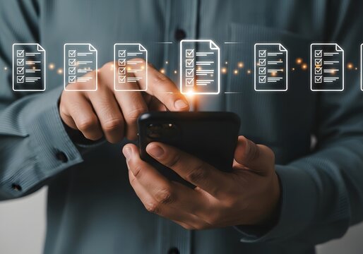 Person using a smartphone with digital checklist document icons floating above the mobile device