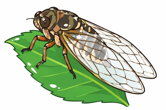 鮮やかな緑の葉に静かにとまるアブラゼミのリアルなイラスト