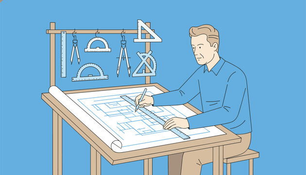 Focused architect or engineer sitting at drafting table drawing architectural blueprints with ruler against blue background.