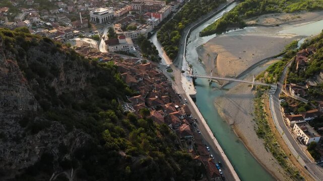Aerial View of Berat Albania with River Cliff and Suspension Bridge