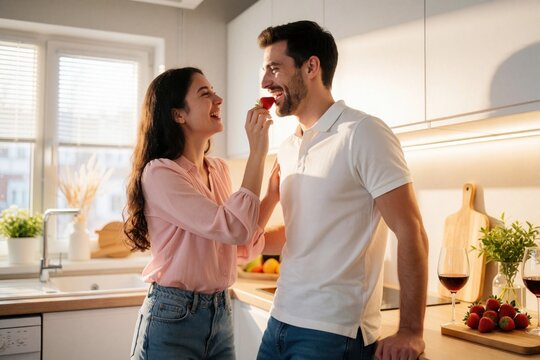 Happy young couple shares fresh strawberry in modern bright kitchen. Smiling woman feeds man delicious fruit at home. Romantic lovers enjoy healthy food, lifestyle together during sunny day in new