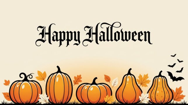 Happy halloween greeting card with pumpkins and autumn leaves