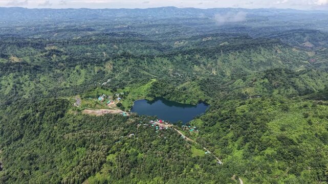 Aerial Drone View of Boga Lake Surrounded by Lush Green Hills, Bandarban, Bangladesh