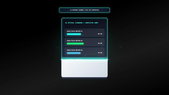 4K AI Document Scanner HUD Animation with OCR Conversion and Analytical Metrics. Futuristic UI Motion Graphics ideal for Fintech and AI Data Presentations.