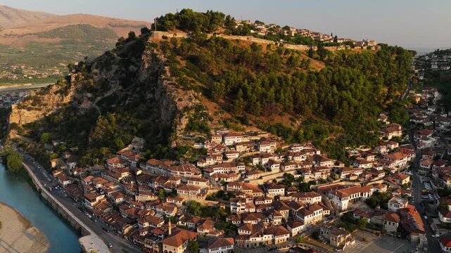 Rising Aerial View of Porta e Pashait Fortified Ruins in Albania