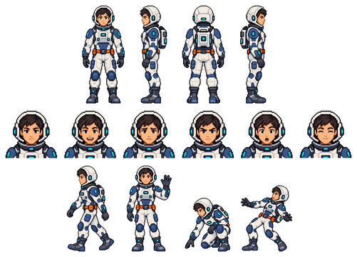 Pixel style space explorer character with four direction views expressions and static action poses isolated on transparent background
