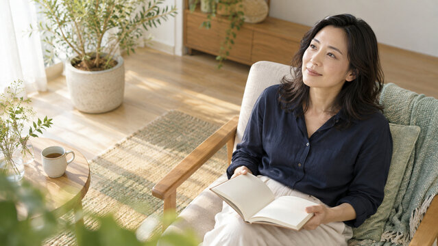 読書のあとで穏やかに過ごす40代日本人女性