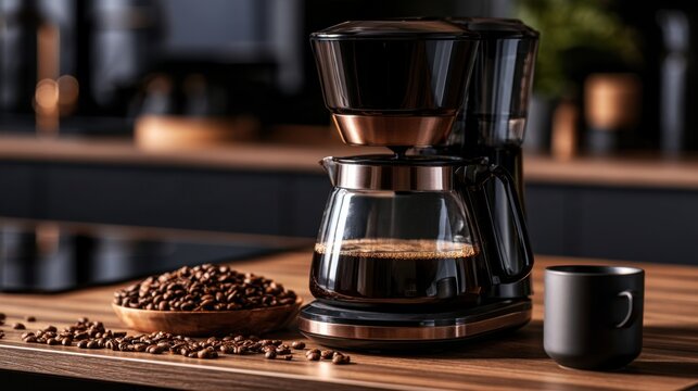 Modern coffee maker brewing fresh coffee with glass carafe and black cup on wooden surface in cozy kitchen setting