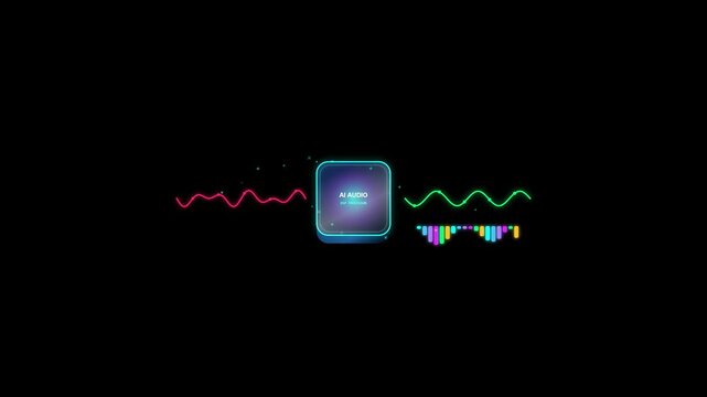 4K AI Audio Motion Graphic with Neon Waveforms and Spectrum Analyzer on Black Background. Ideal for music technology, AI podcasts, and voice processing ads.