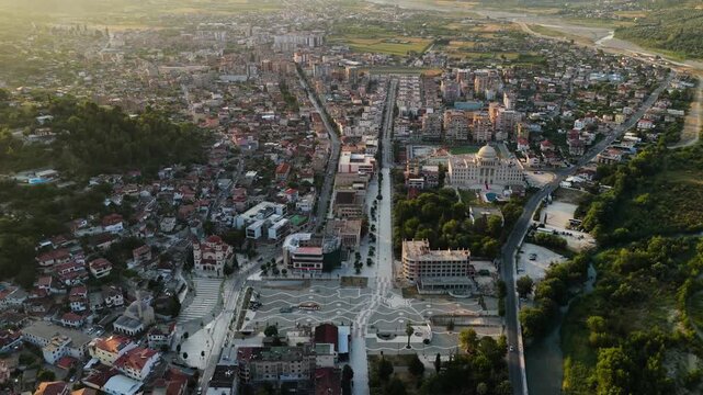 Aerial View of Berat Albania Civic Plaza and Domed Building
