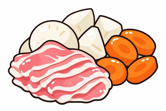 豚汁の具材としてカットされた豚肉と大根、人参、里芋のイラスト