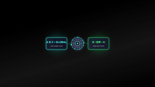 4K HUD UI Animation of Global AI Language Translation Interface, Featuring Latin and Asian Script Processing. Ideal for Tech Explainer Videos and AI Presentations.