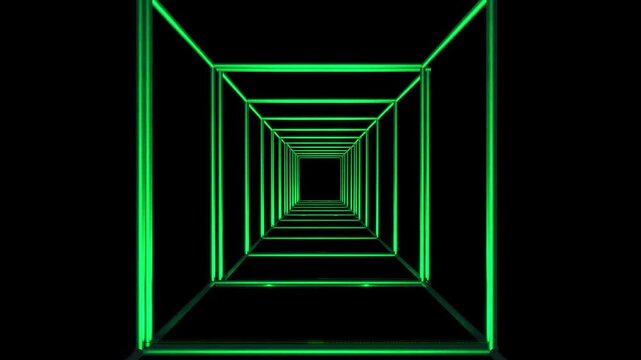 Entering a Green Neon Square Tunnel Nested Toward a Distant Core