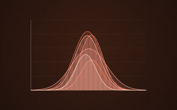 Abstract statistical bell curve graphs over dark brown background for analytics data visualization use.