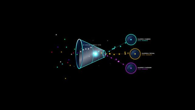 Futuristic Big Data Processing Funnel 4K Animation; AI Data Clustering into Numeric Textual and Categorical Nodes; Ideal for Technology and Data Science Presentations.