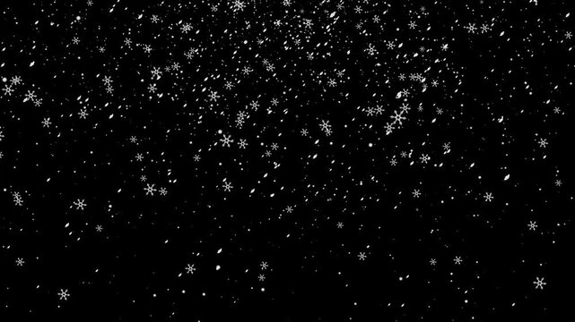 White snow overlay layer snow falling isolated, snow flakes slowly falling densely against black background. Realistic snow fall seamless loop animation. slowly falling snow effect 4k.