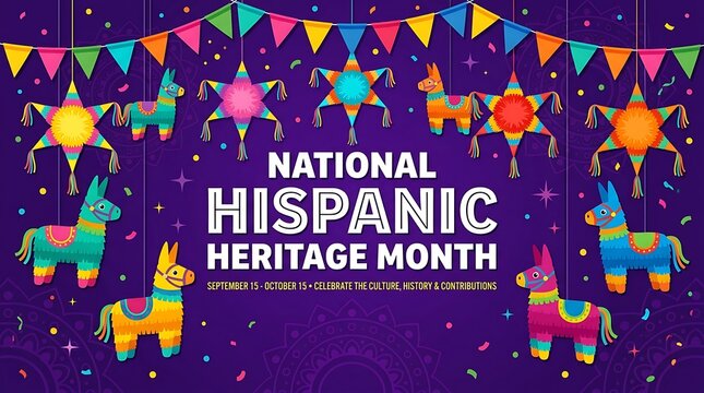National Hispanic Heritage Month Celebration Banner with Colorful Pinatas and Festive Decorations