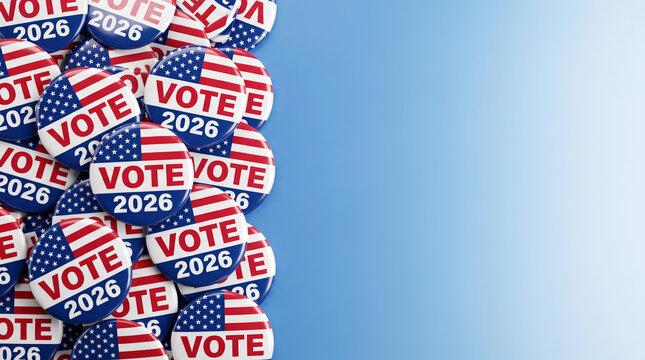 Elections midterm 2026 vote badge arrangement with patriotic flag design and copy space. American us election campaign. voting polling ballot, government democracy freedom, patriotic citizen banner