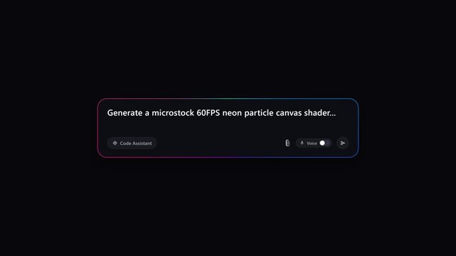 Futuristic AI code assistant prompt input box with a flawless rotating neon gradient border. Transitions smoothly into an interactive code editor terminal with syntax highlighting after submission. Cl