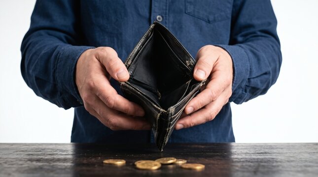 Man holding an empty wallet with coins scattered on the table.