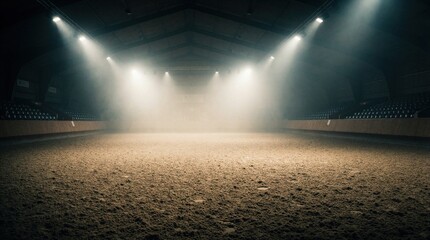 Fototapeta premium Empty indoor equestrian arena with sandy floor. Bright spotlights shine through hazy dust in large sports venue. Wide shot shows dark spectator seats, dramatic lighting in gym training facility. Pro