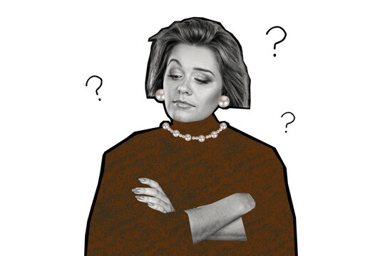 Composite photo collage of serious woman raise brows think dilemma question mark unsure solution decision isolated on painted background
