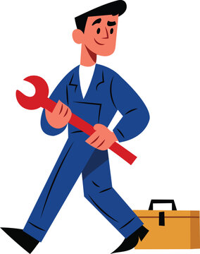Friendly Male Mechanic in Blue Overalls Holding a Wrench Illustration