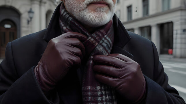 Older man adjusting plaid scarf urban street buildings gloves realistic close up shot