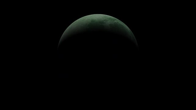 Cinematic 3D animation of the lunar phase showing a detailed crescent moon rotating and catching light against a deep black cosmic space background