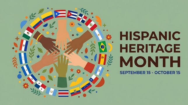 National Hispanic Heritage Month Banner from September 15 to October 15 with Diverse People Hands