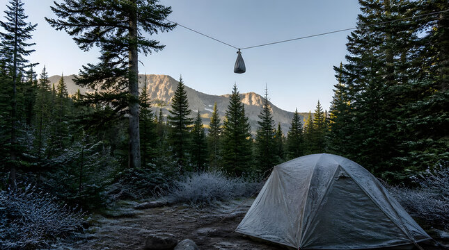 Campsite tent nestled evergreen trees food bag hanging sun rising setting mountainous forest realistic wide shot of food bag strung avoid attract