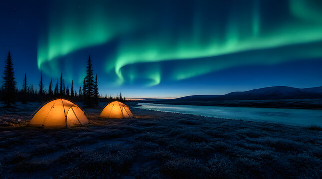 Two glowing tents beneath vibrant aurora borealis night sky snow covered ground evergreen trees remote snowy landscape mountains