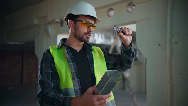 Professional Caucasian engineer man hammering metal fittings inside factory workshop male guy builder handyman mechanic measuring iron piece workman repairing equipment construction detail outdoors