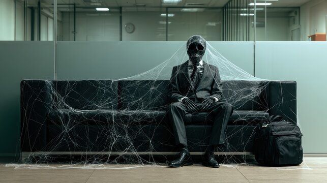Man in dark suit and tie wearing mask sitting on black sofa covered in spider web with briefcase in office lobby with glass wall and overhead lights