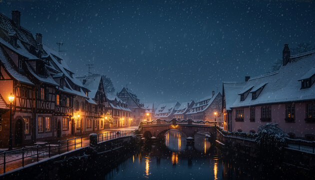 Quiet European winter town with snowfall and warm street lights