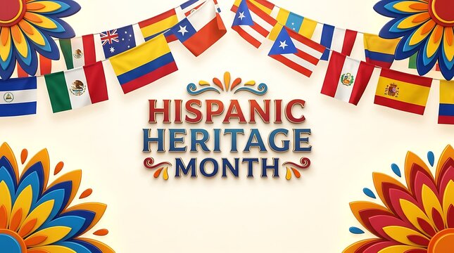National Hispanic Heritage Month celebration background with colorful Latin American flags and flowers