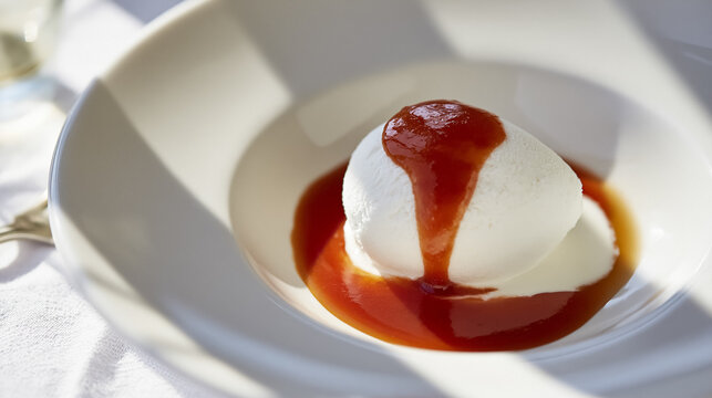 Indulging in a chilled, smooth sorbet topped with a vibrant fruit sauce, creating a delightful gourmet dessert on a sunny day