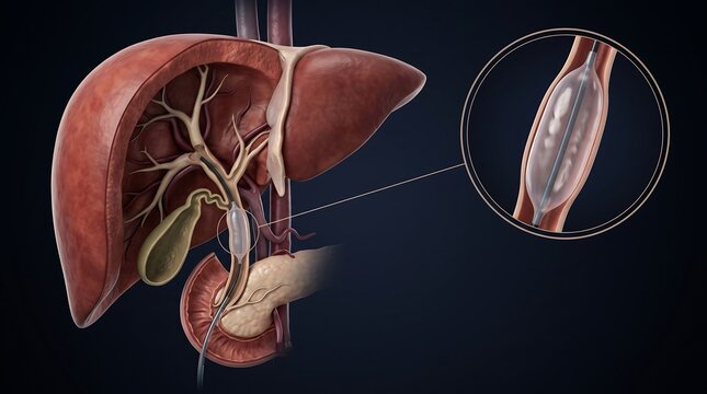 Medical illustration showing a balloon catheter or stent placed within the bile duct system of the human liver and gallbladder, with a magnified view of the device.