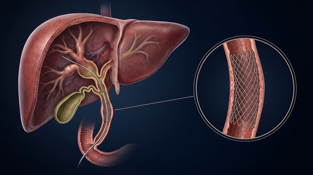 Detailed anatomical illustration of the human liver, gallbladder, and bile ducts, with an enlarged view of a medical stent placed within a duct.
